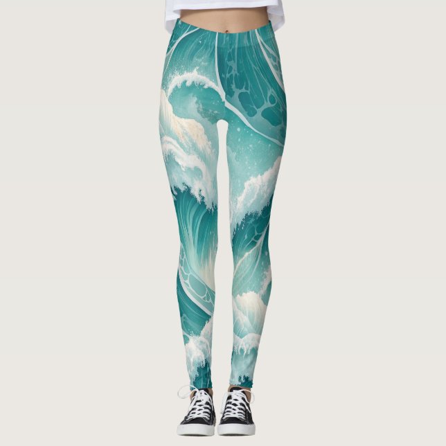 Oceant flödesmönster–Sömlös flytande blå abstrakt Leggings (Framsida)