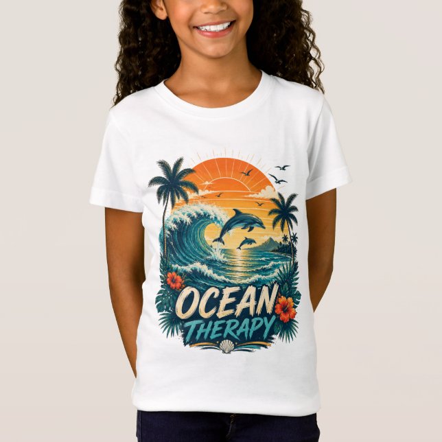 Oceanterapi | Retro Tropisk Strand & Delfin T Shirt (Framsida)