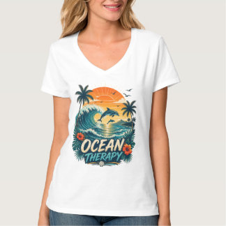 Oceanterapi | Retro Tropisk Strand & Delfin T Shirt