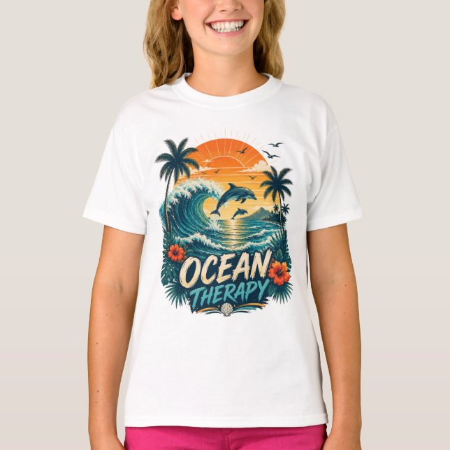 Oceanterapi | Retro Tropisk Strand & Delfin T Shirt (Framsida)