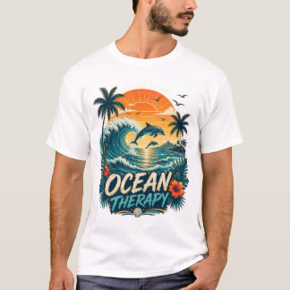Oceanterapi | Retro Tropisk Strand & Delfin T Shirt
