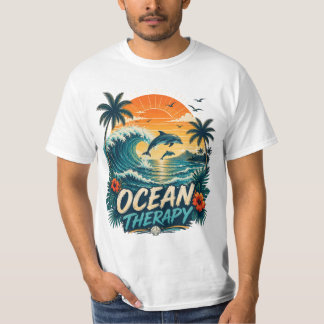 Oceanterapi | Retro Tropisk Strand & Delfin T Shirt