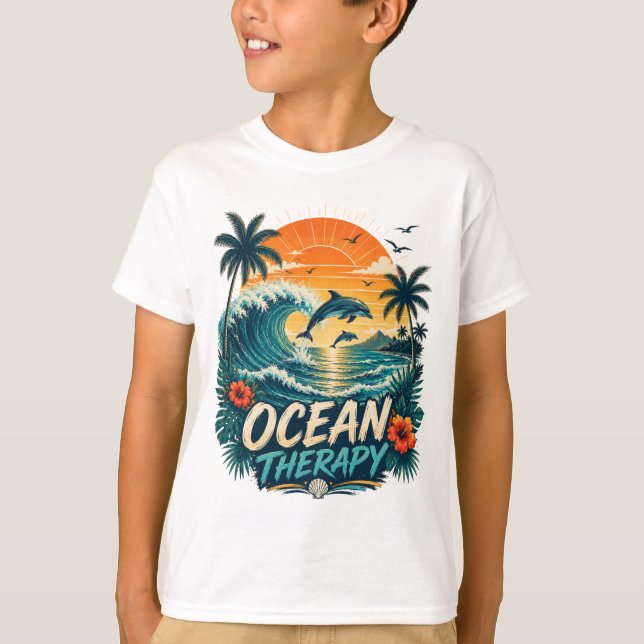 Oceanterapi | Retro Tropisk Strand & Delfin T Shirt (Framsida)
