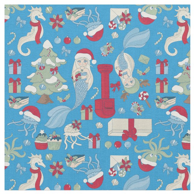 Ocechristmas sjöjungfru seahorse Santa ellyfish Tyg (Närbild)