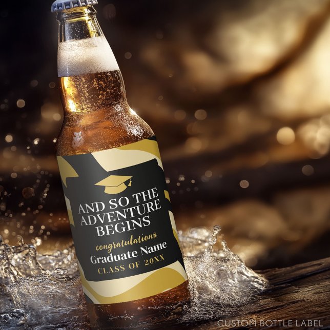 Och Äventyr börjar alltså Svarta Guld Studenten Ölflaska Etikett (Custom Beer Bottle Label with a Graduation Design)