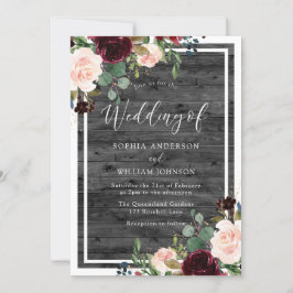  och burgundi Röda blommor Träkol Bröllop Inbjudningar