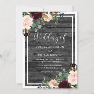 och burgundi Röda blommor Träkol Bröllop Inbjudningar