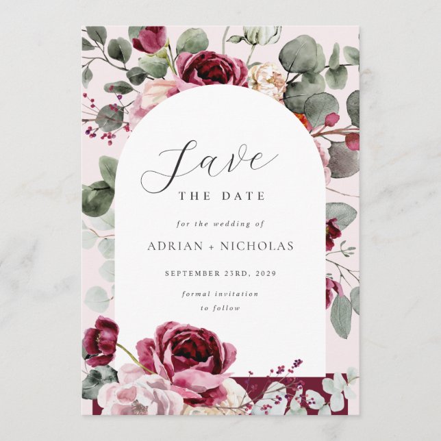  och burgundisk Blommigt Eucalyptus Sprigs Bröllop Spara Datumet (Framsida)