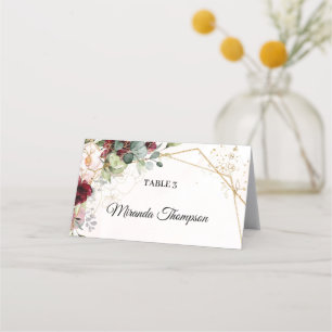  och burgundisk blommigt eukalyptus guld ram placeringskort