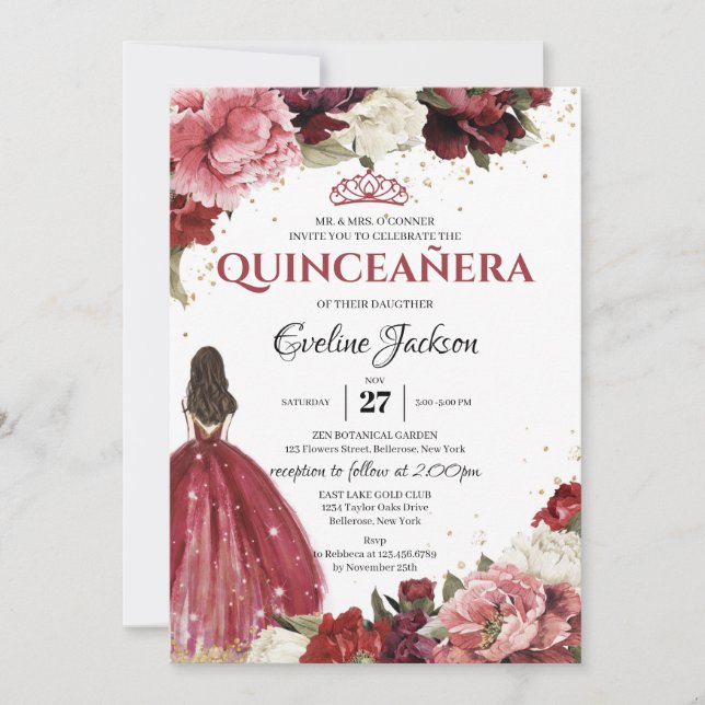  och burgundisk peonies marsala Princess Dress Inbjudningar (Framsida)
