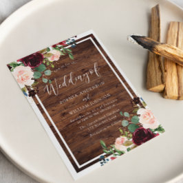 och burgundy Red Flowers Rustic Wood Bröllop Inbjudningar