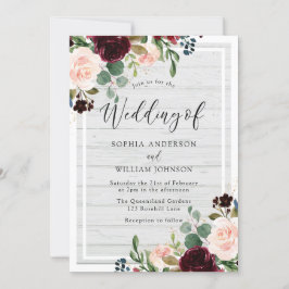 och burgundy Rustic White Wood Blommigt Bröllop Inbjudningar