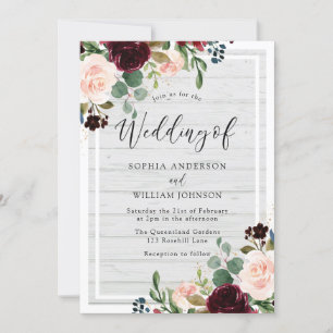 och burgundy Rustic White Wood Blommigt Bröllop Inbjudningar