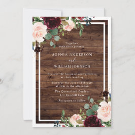 och burgundy Watercolor Rustic Wood Bröllop Inbjudningar
