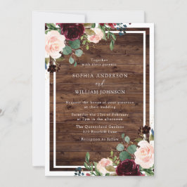 och burgundy Watercolor Rustic Wood Bröllop Inbjudningar