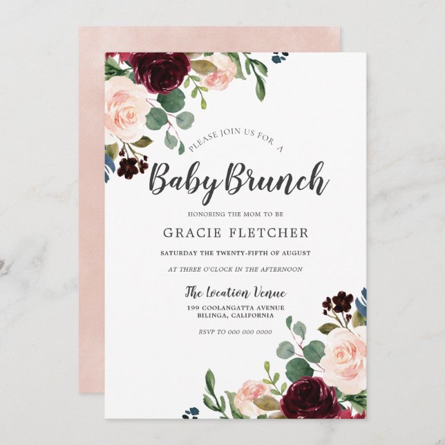  och burgundyblommor Babykläder Brunch Inbjudningar (Fram/baksida)