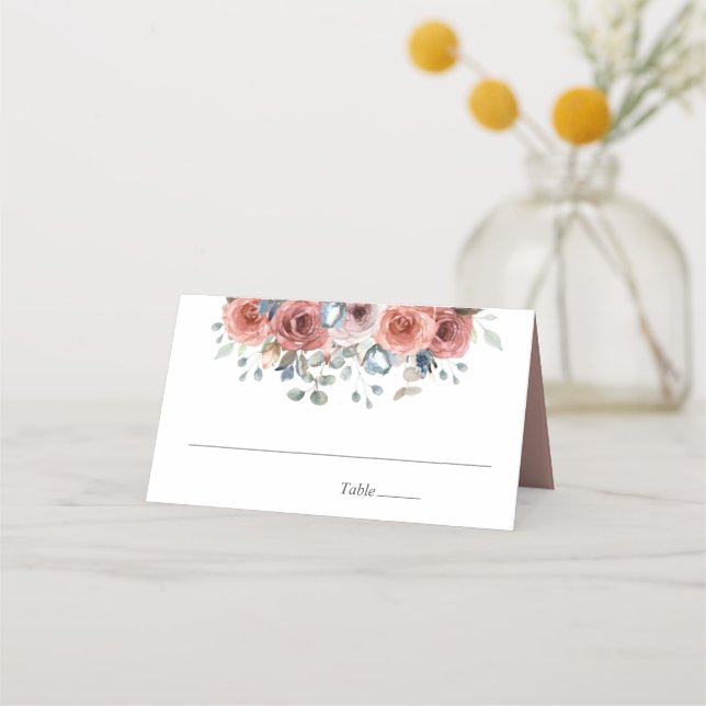  och dammblå Blissful Blommigt, Bröllop Placeringskort (Framsida)