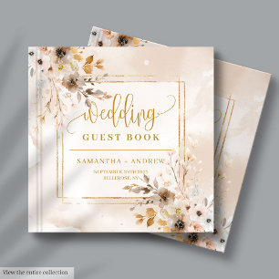 och Guld Boho Fall Blommigt Bröllop Guest Bok