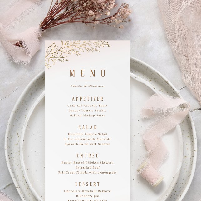  och guld gyldade botaniska elegant bröllop meny (Blush and gold gilded botanical elegant wedding menu)