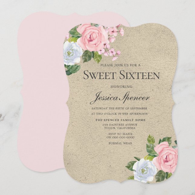  och Guld Söt Flowers Sweet 16 Inbjudan (Fram/baksida)