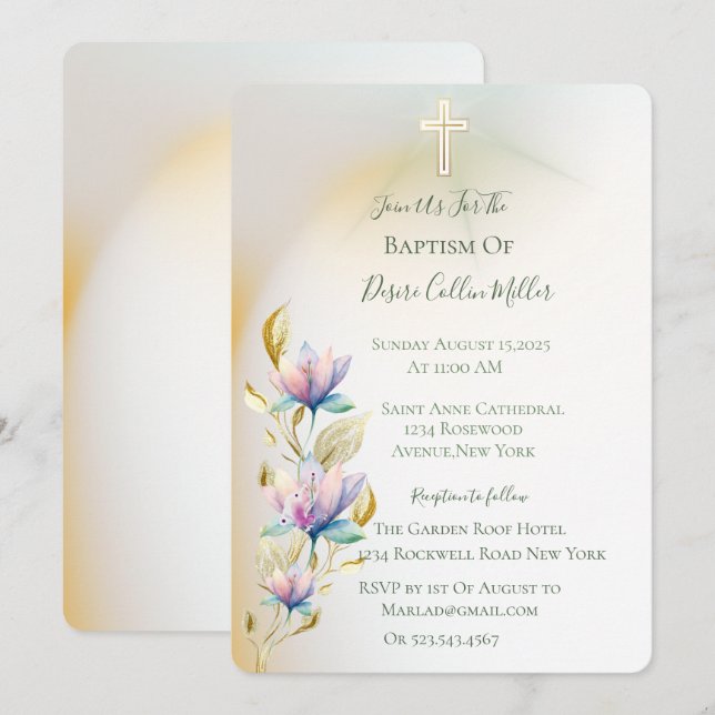  och latinsk Blommigt ,Baptisminbjudan till Guld K Inbjudningar (Fram/baksida)