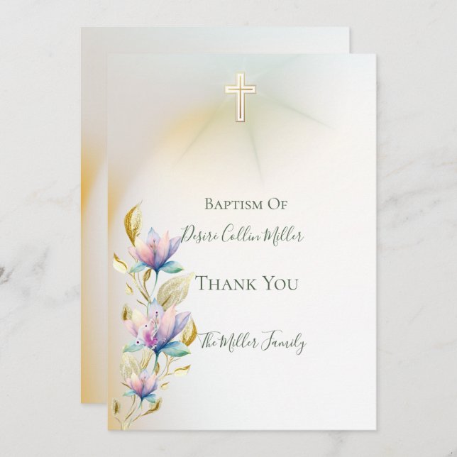  och latinsk Blommigt ,Baptisminbjudan till Guld K Tack Kort (Fram/baksida)
