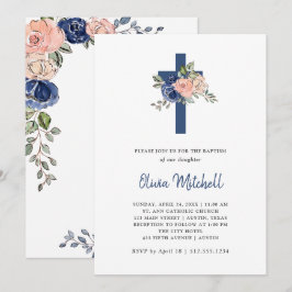 och marin Blommigt med vattenfärg och Kor-baptism Inbjudningar