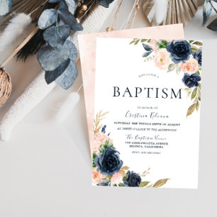 och marin persikoblommor, aptism Christening Inbjudningar