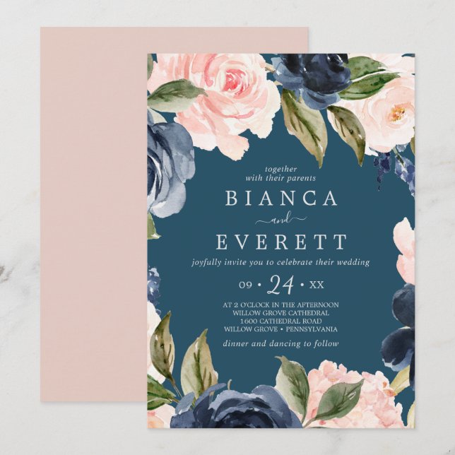  och marina blommor | Blå Avslappnad Bröllop Inbjudningar (Fram/baksida)
