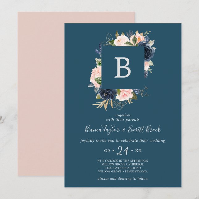  och marina blommor | Blue Monogram Bröllop Inbjudningar (Fram/baksida)