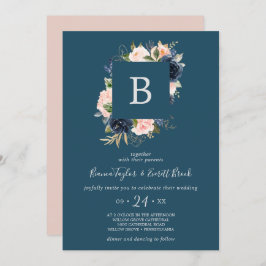 och marina blommor | Blue Monogram Bröllop Inbjudningar