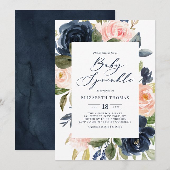  och marina vattenfärgsblommor Baby Sprinkle Inbjudningar (Fram/baksida)