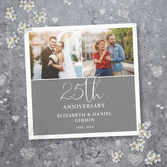 Och nu 25:e Bröllop-årsdagen av foto Pappersservett (Then And Now 2 Photo 25th Wedding Anniversary Napkins)