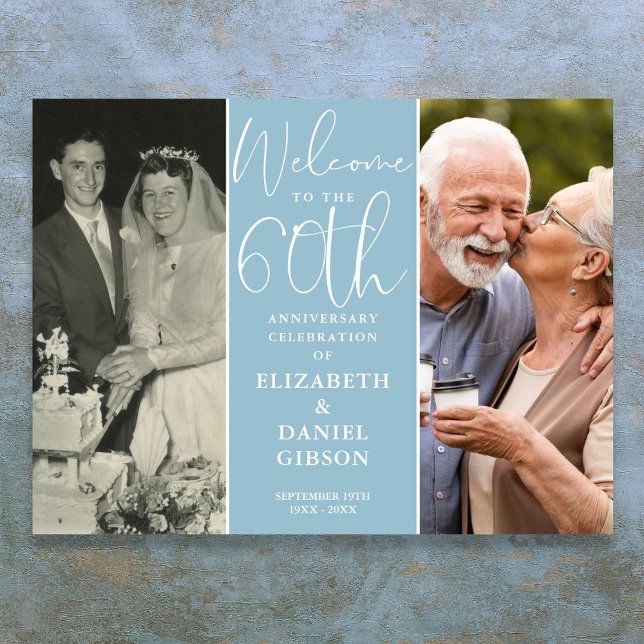 Och nu 2 fotot på 60-årsjubileet Välkomsttecken Poster (Then And Now 2 Photo 60th Anniversary Welcome Sign)