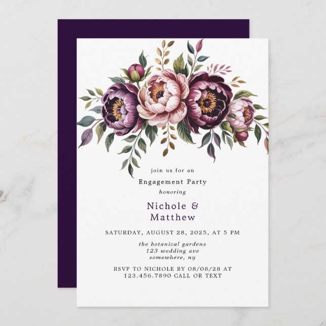  och Plum Peony Wandeine Förlovningsfest Inbjudningar (Fram/baksida)