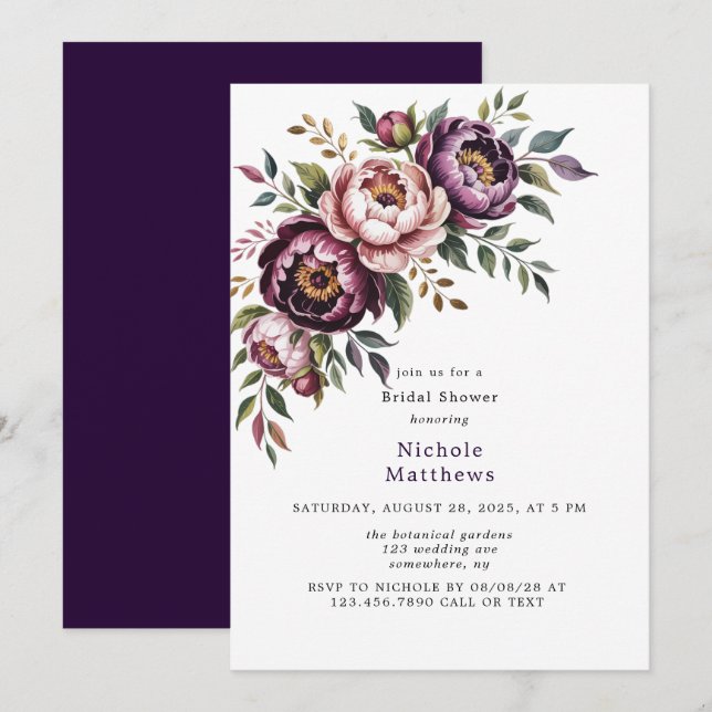  och Plum Peony Wandeine Möhippa Inbjudningar (Fram/baksida)