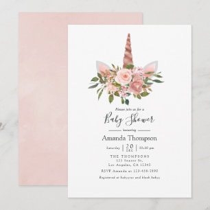 och Ro Guld Blommigt Unicorn Baby Shower Inbjudningar