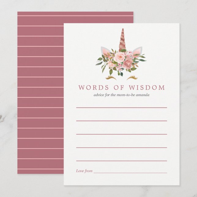  och Ro Guld Unicorn Baby Shower Mamma Advice Inbjudningar (Fram/baksida)