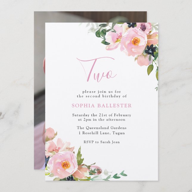  och Rosa Flower Girls 2:a födelsedag Party Foto Inbjudningar (Fram/baksida)