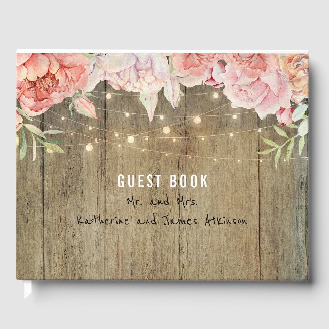  och Rosa Flowers Rustic String Ljus Wood Gästböcker (Framsida)