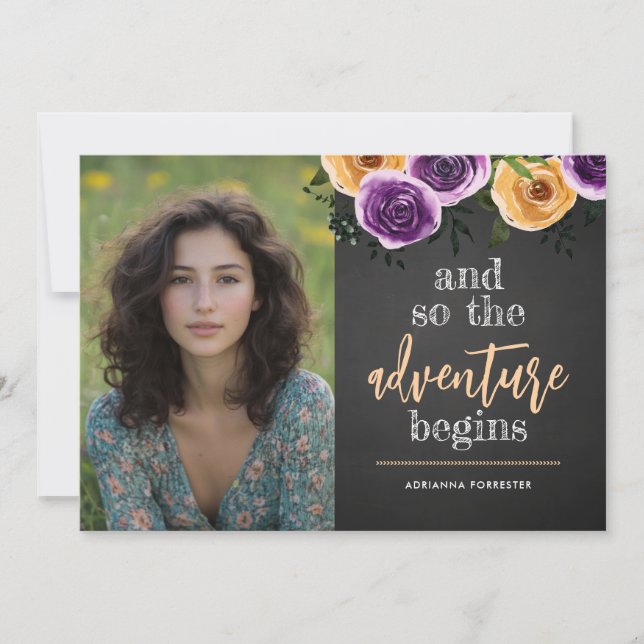 Och så börjar Äventyr Blommigt Student Foto Inbjudningar (Framsida)