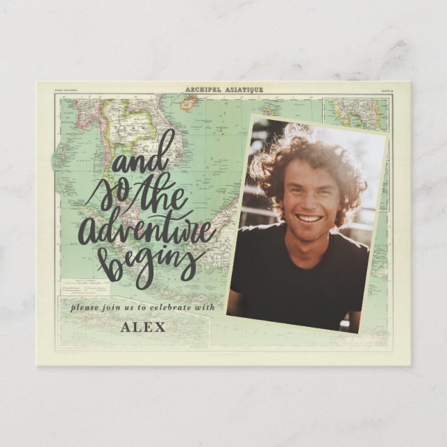 Och så börjar äventyr fotot studenten inbjudan vykort (Framsida)