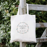 och Sage Botaniska Blommigten Bröllop Tygkasse<br><div class="desc">I en och sagande palett i chic färg gör våra tuttar underbara välkomstpåsar eller favoriter i bröllop. Utformningen har en andedräkt av sage grönt löv och blek rosa ros som omger briden och rummets namn och bröllop-datum i elegant charkol-grått-bokstäver med dekorativt skript och i koordinerande sage. Köp matchande artiklar i...</div>