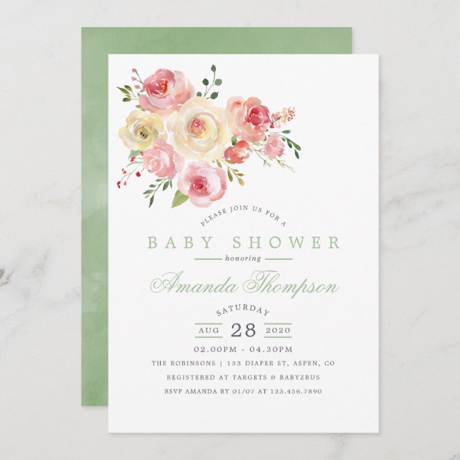  och Sage Watercolor Blommigt Baby Shower Inbjudningar (Fram/baksida)