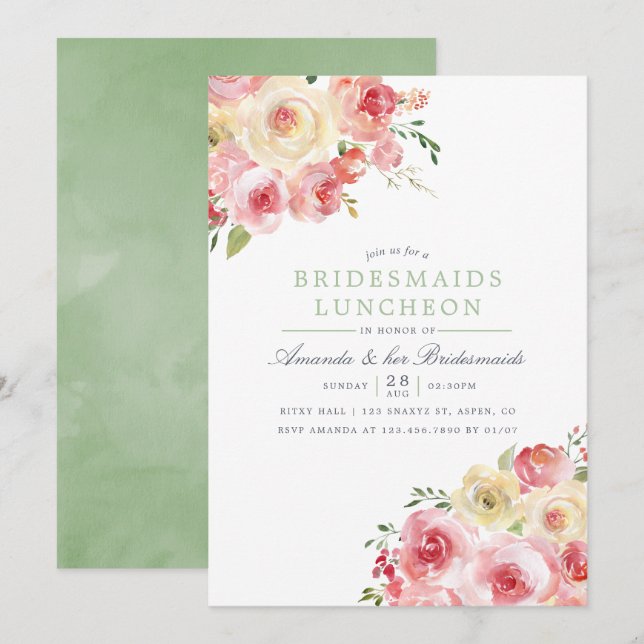  och Sage Watercolor Bridesmaids Luncheon Inbjudningar (Fram/baksida)