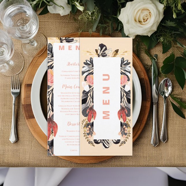  och svart Blommigt, semestermål för bröllopsdagar Meny (Blush & Black Floral Wedding Reception Dinner Menu)