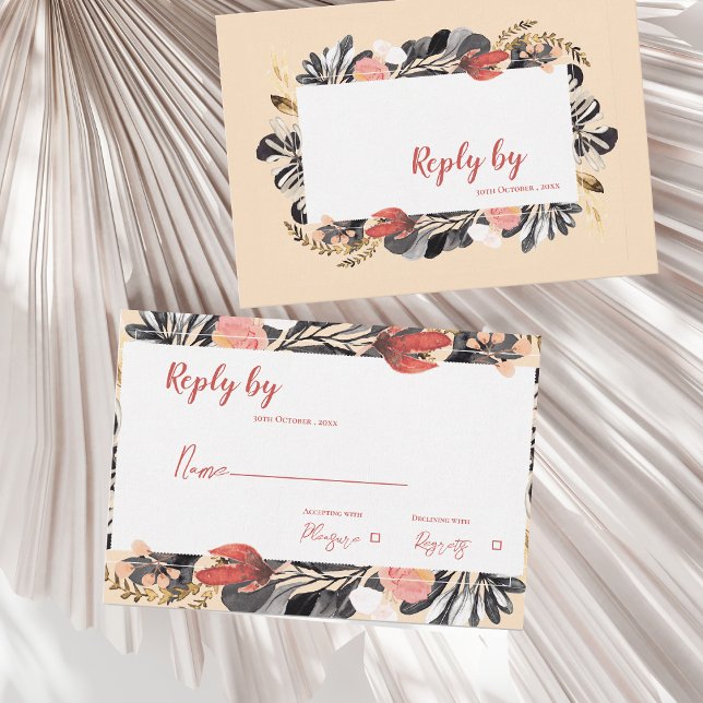  och svarta Blommigten Botaniska Bröllop OSA Kort (Romantic Blush & Black Floral Botanical Wedding RSVP Card)