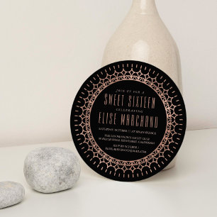 och svarta Faux Ro Guld Deco Sweet sixteen Inbjudningar