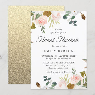 och vit Blommigt med Guld Glitter Sweet 16 Inbjudningar