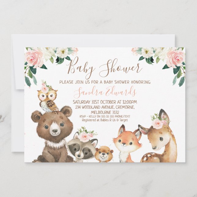  och vit Blommigt Woodland Baby Shower Inbjudningar (Framsida)